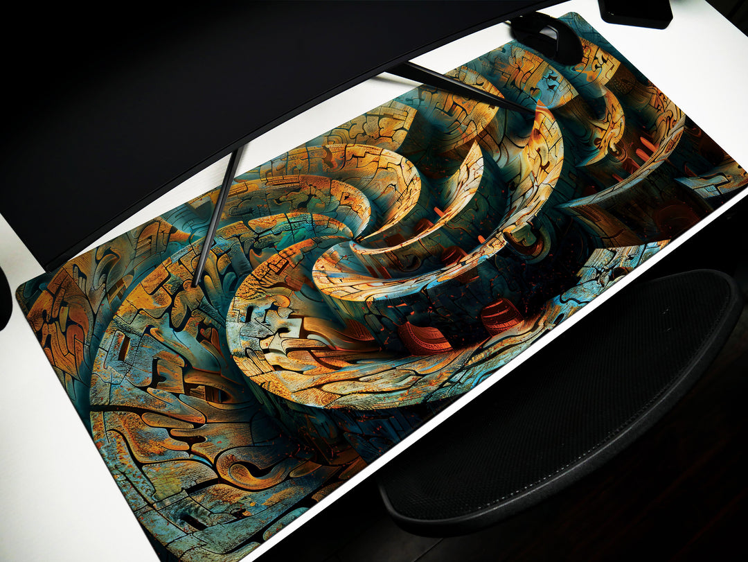 Spiral Genesis Design 2, Desk Pad, Mouse Pad, Desk Mat, Labyrinthine Textures, Earth Tones, Metallic Finish